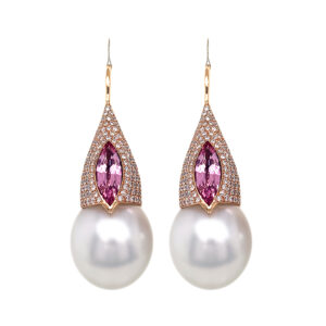 Silverhorn morganite, diamond and south sea pearl earrings