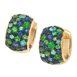 Silverhorn Jewelers Paraiba, Tsavorite and demantoid garnet in 18 karat yellow gold huggie earrings