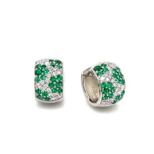 18 karat white gold huggies with emerald and diamonds