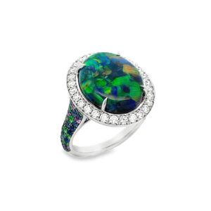 Handcrafted Black Opal Ring in Platinum with Diamond Halo by Silverhorn Montecito