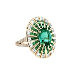 18 karat yellow gold ring with Green Tourmaline and Tsavorite Garnet and Diamond