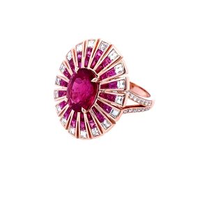 18 karat rose gold ring with tourmaline and pink sapphires rubies and diamonds